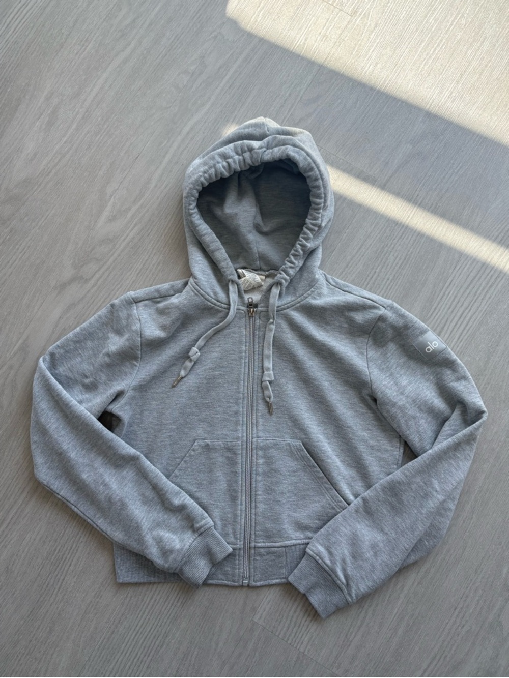 Alo Yoga “Routine Cropped Zip Hoodie” in Heather Grey - Picture 7 of 10